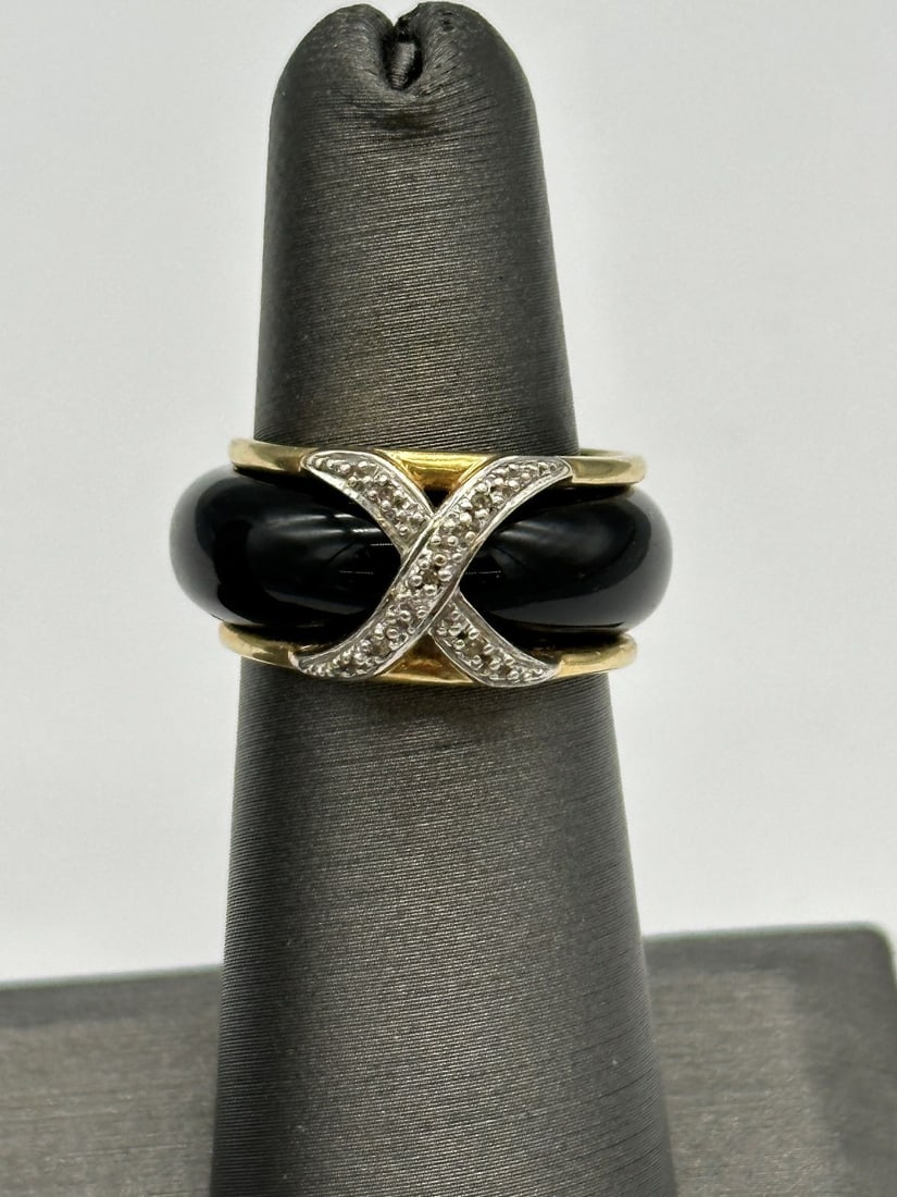 14k Gold Crossover Black Stone Diamond Ring (1 of 3)