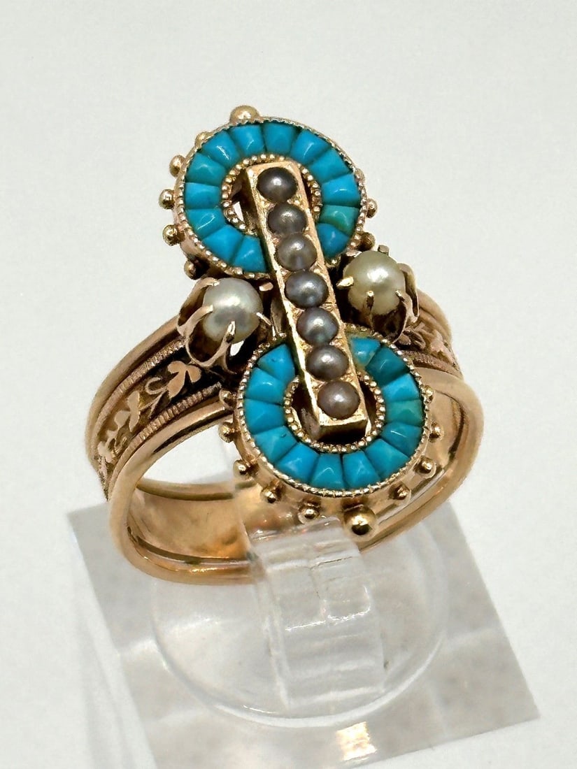 14k Yellow Gold 1800's Victorian English Memorial Turquoise and Pearl Ring (1 of 4)