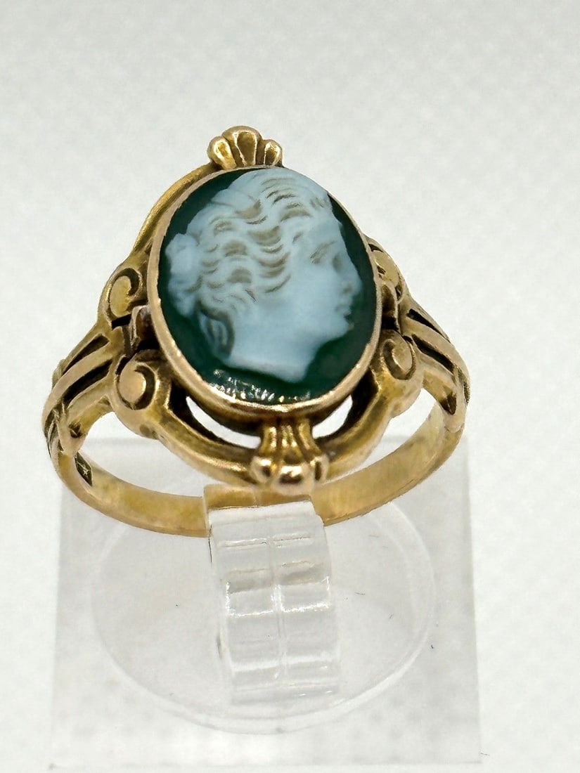 14k Yellow Gold Green Agate Cameo 19th Century Ring Allsopp Brothers c. 1900 (1 of 4)