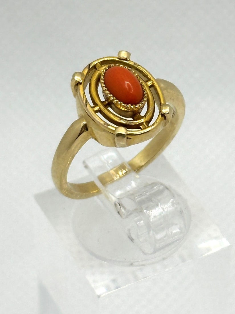 14k Yellow Gold Early 20th Century Coral Cabochon Ring (1 of 3)