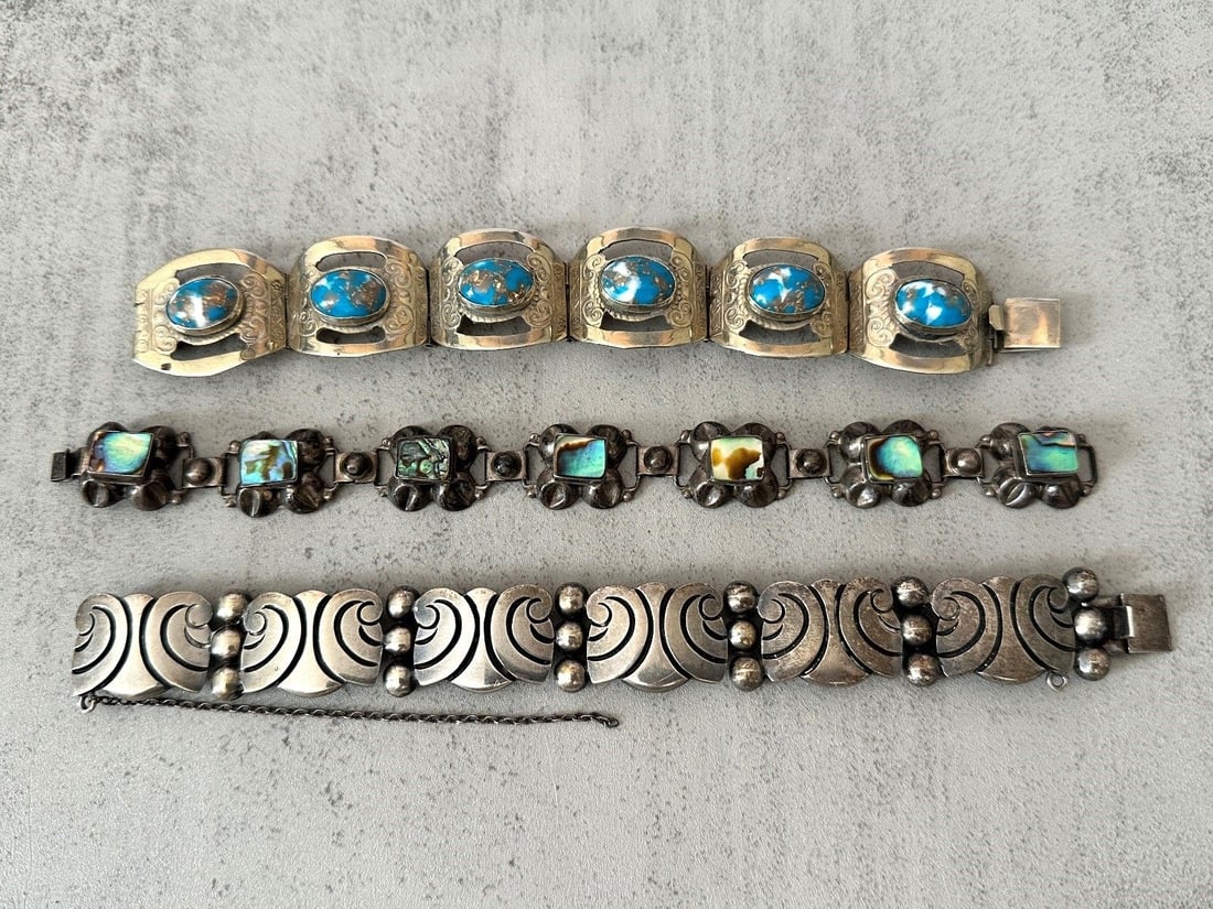 (3) Sterling Silver Mexico/Taxco Mother of Pearl Chunky Bracelets (1 of 5)