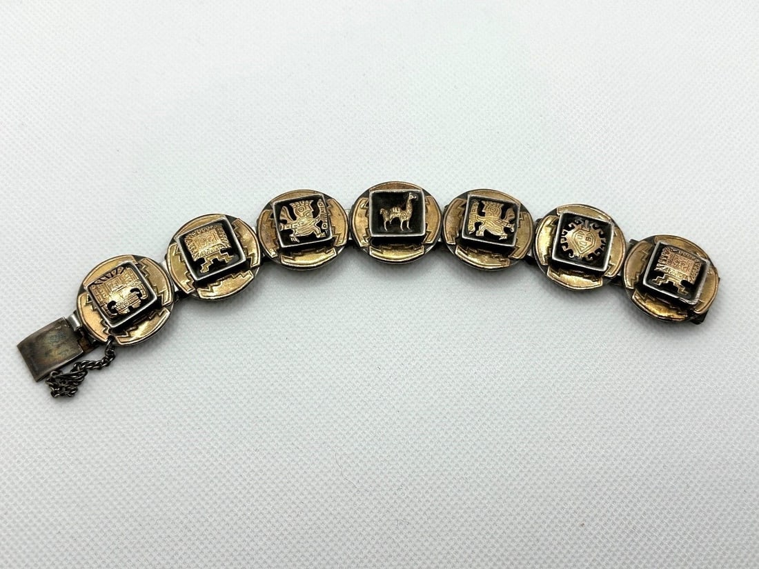 Taxco Mexico Sterling Silver 18k Gold Aztec Discs Bracelet (1 of 6)