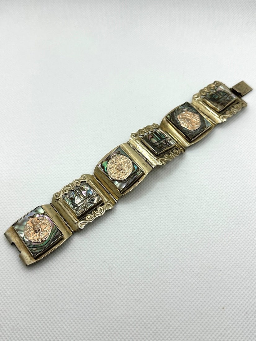 Taxco Mexico Sterling Silver 14k Gold Aztec Abalone Bracelet (1 of 5)