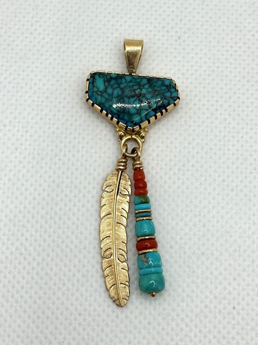 Boyd Tsosie 14k Gold Turquoise and Coral American Navajo Pendant (1 of 3)
