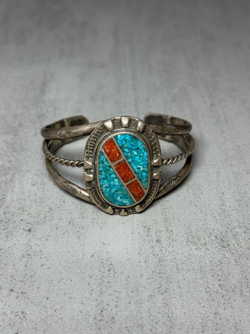 Sterling Silver Turquoise, Coral Navajo Cuff Bracelet (1 of 3)