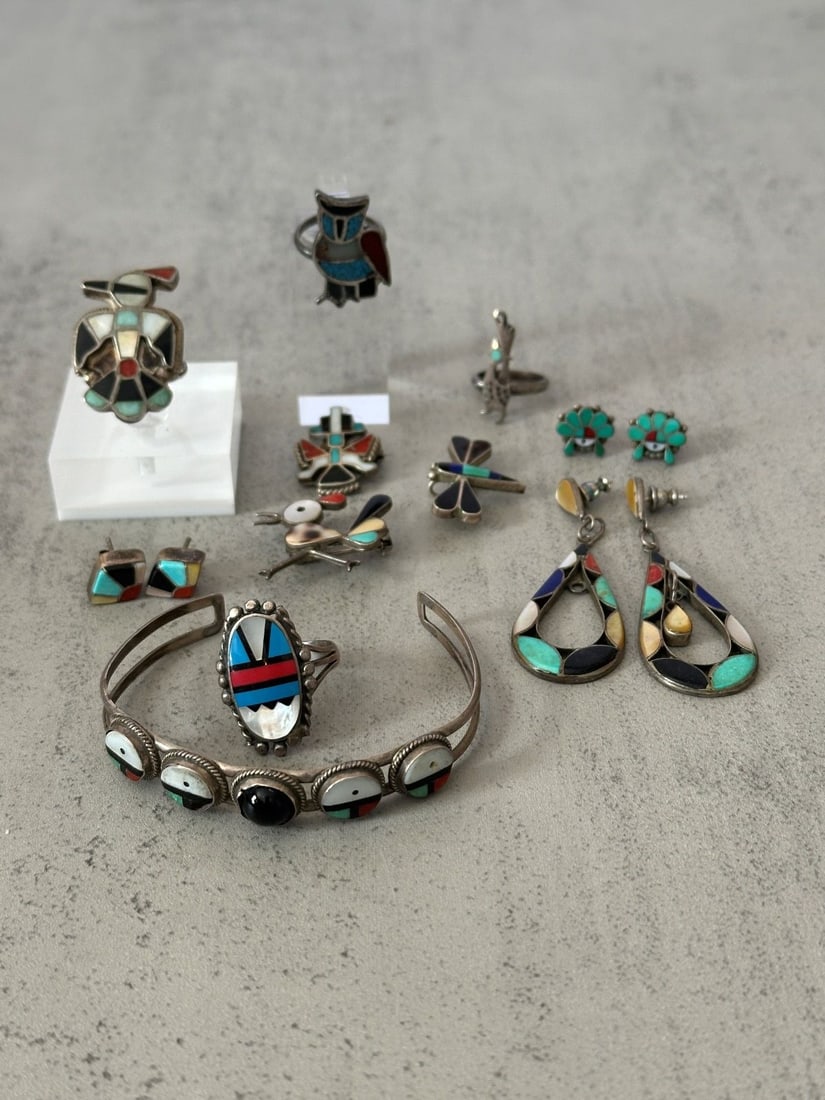 Group of Native American Zuni Jewelry: Rings, Brooches, Earrings, Bracelets (1 of 9)