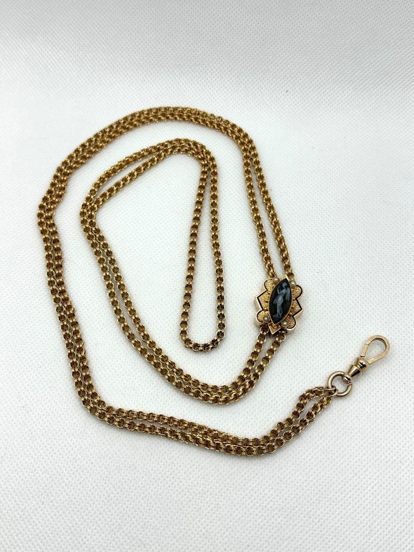 14k Gold Watch Fob Chain With 14k Black Carved Cameo Angel Slide (1 of 6)