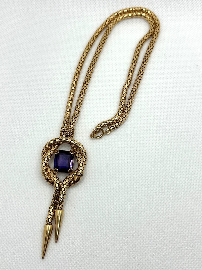 18k Yellow Gold Double Strand Drop Dangle Statement Piece Necklace with Emerald Cut Amethyst (1 of 5)