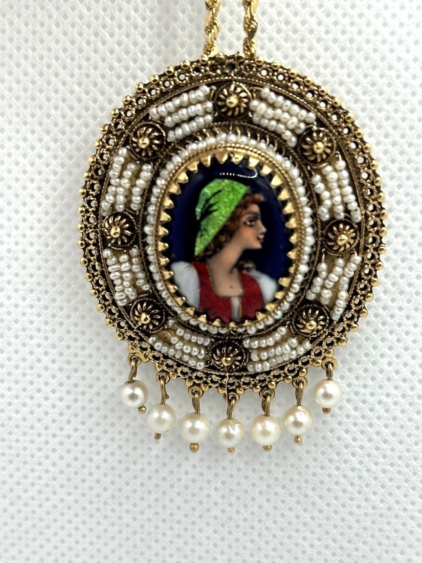 Limoges 14k Gold Email D'Art Enamel Portrait Brooch Pendant c.1920 (1 of 5)