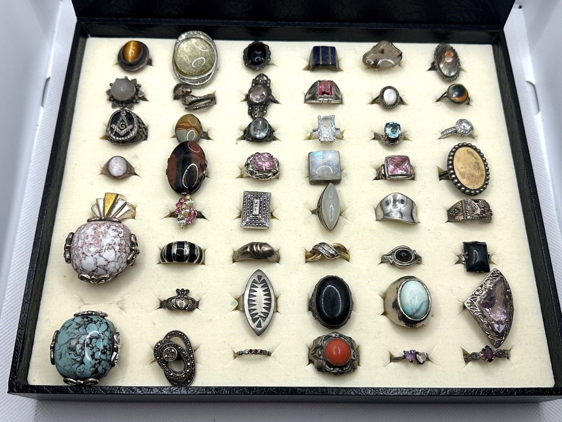 (42) Group of Sterling Silver Rings With Gems, Rhinestones, CZ's, Enamel (1 of 7)