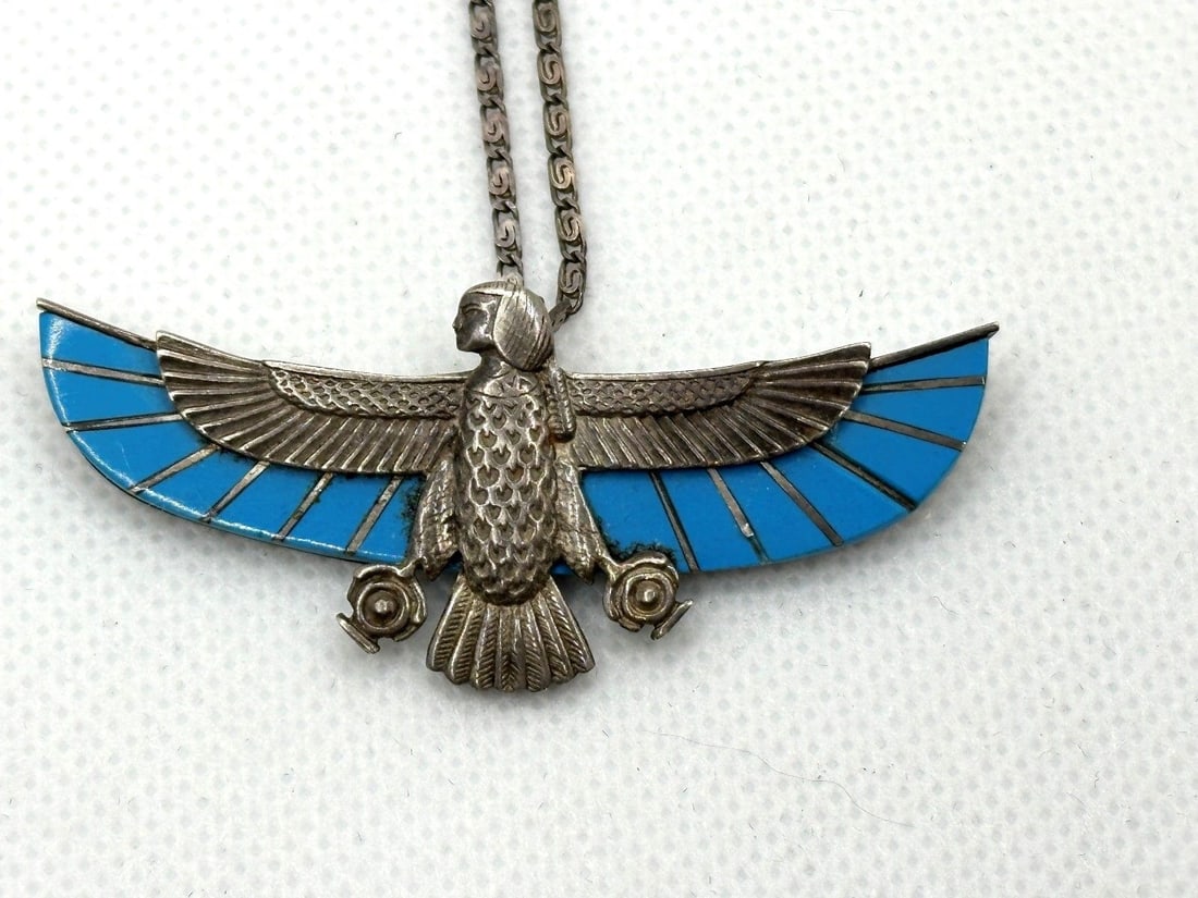Sterling Silver Turquoise Egyptian Pendant on Necklace: Sterling Silver Turquoise Egyptian Pendant on Necklace: Has 3 hallmarks, turquoise on wings.