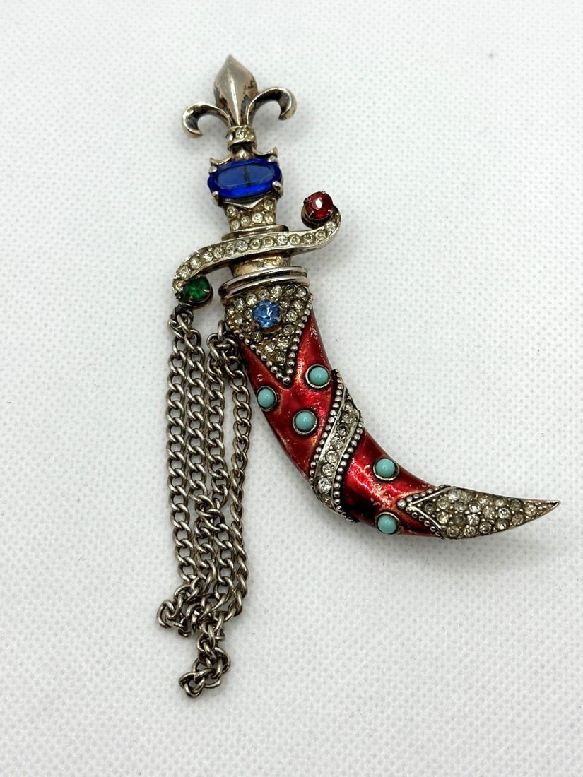 Urie Mandel, Murray Slater 1940's Sterling Vermeil and Enamel Dagger Chatelaine Brooch (1 of 6)