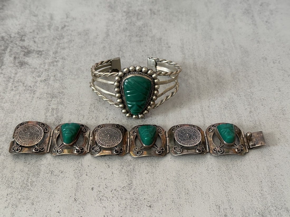 Mexico Sterling Chunky Mayan Bracelet and Cuff Bracelet With Panel Faces (1 of 5)
