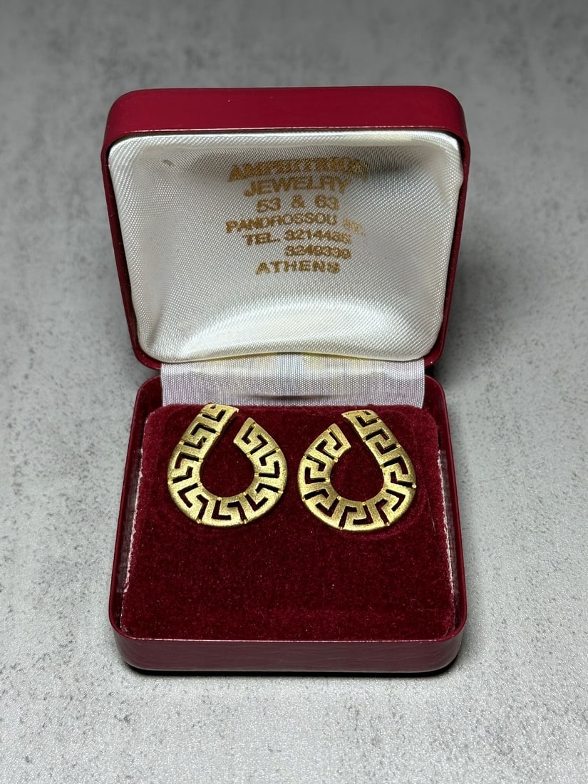 18k Yellow Gold Earrings Key Fret Dangles From Athens, Greece in Box (1 of 2)
