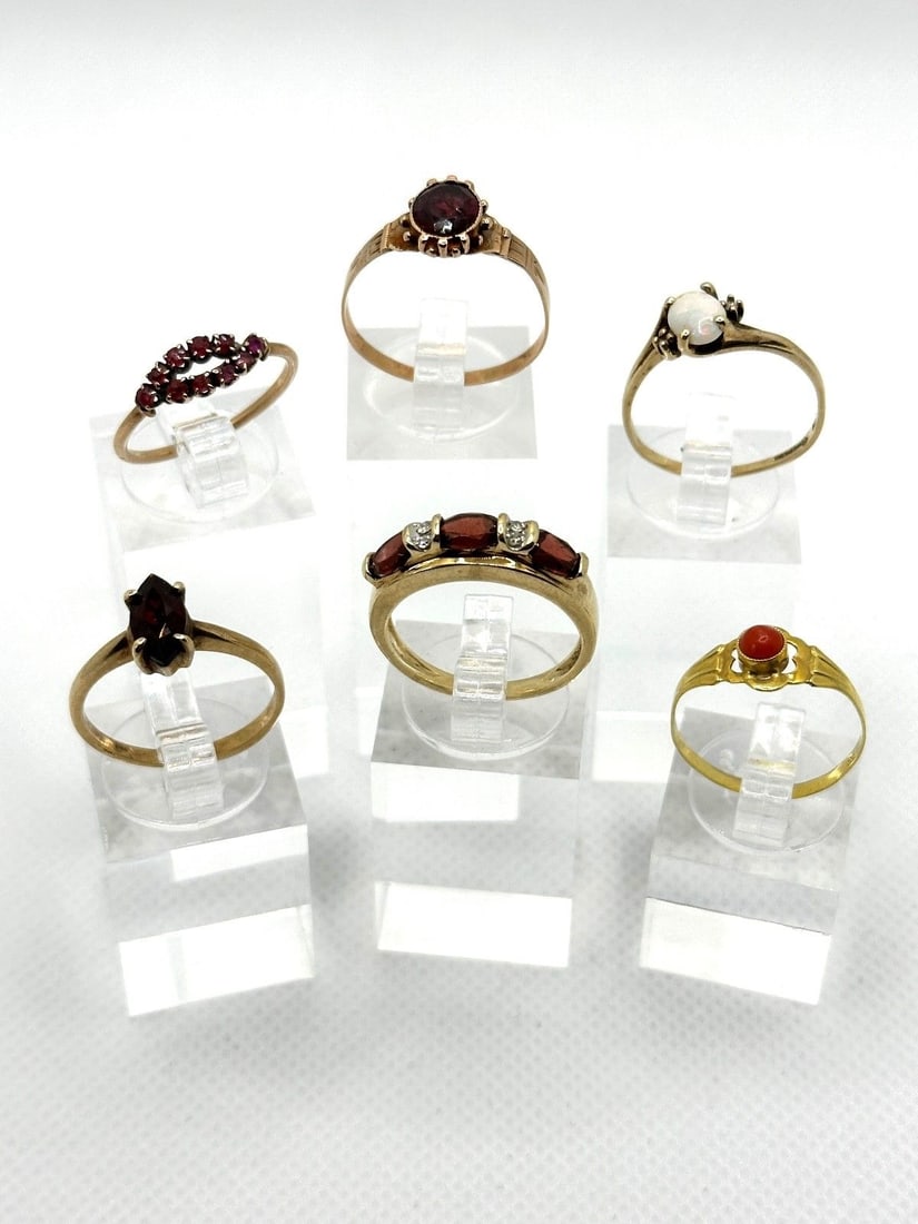 (6) 10k Yellow Gold Rings; Diamonds, Opals, Garnets, Rubies, Coral (1 of 7)