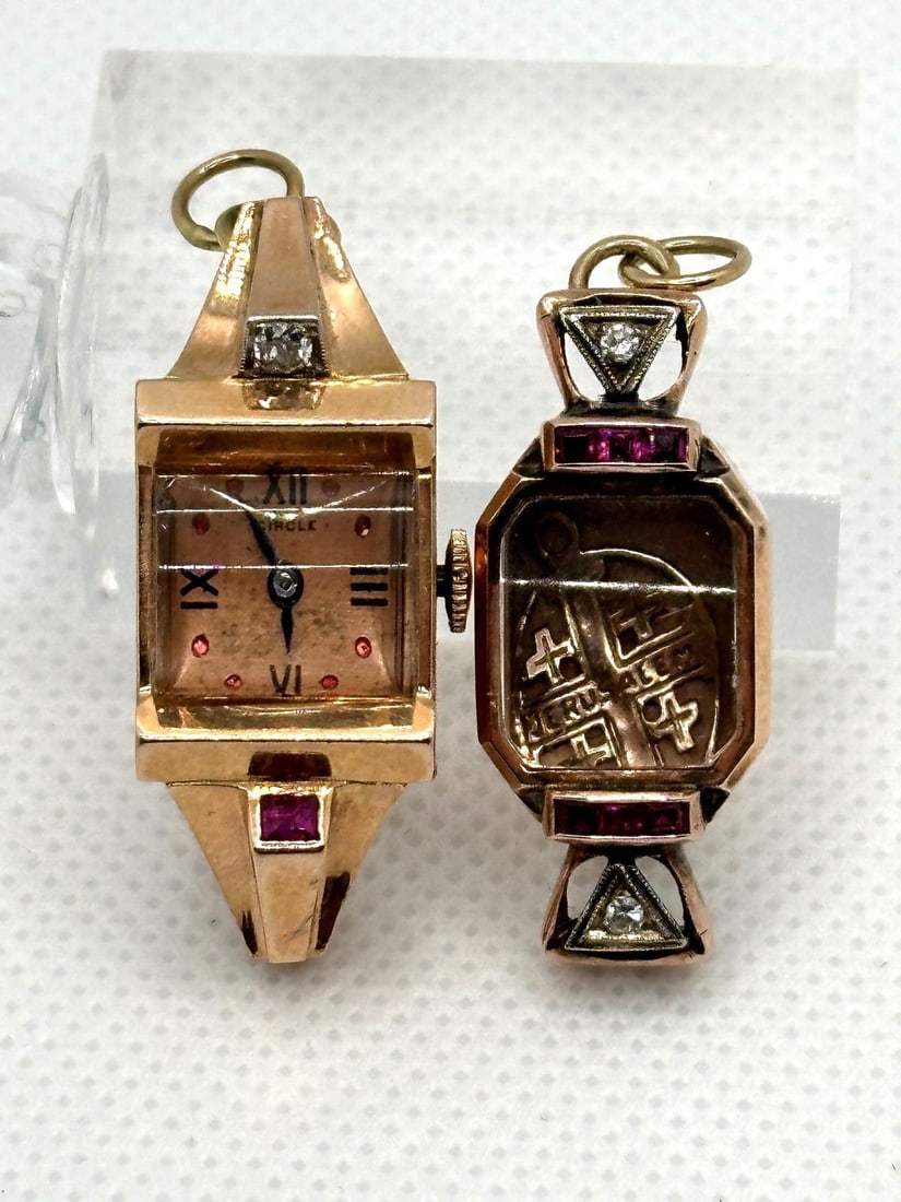 (2) 14k Gold Watch Face Cases Turned Into Pendants (1 of 4)