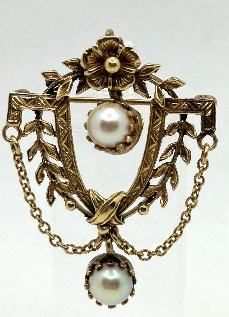 14k Gold Victorian Pendant Brooch With Drop Pearl Set in Gold With Chains (1 of 3)