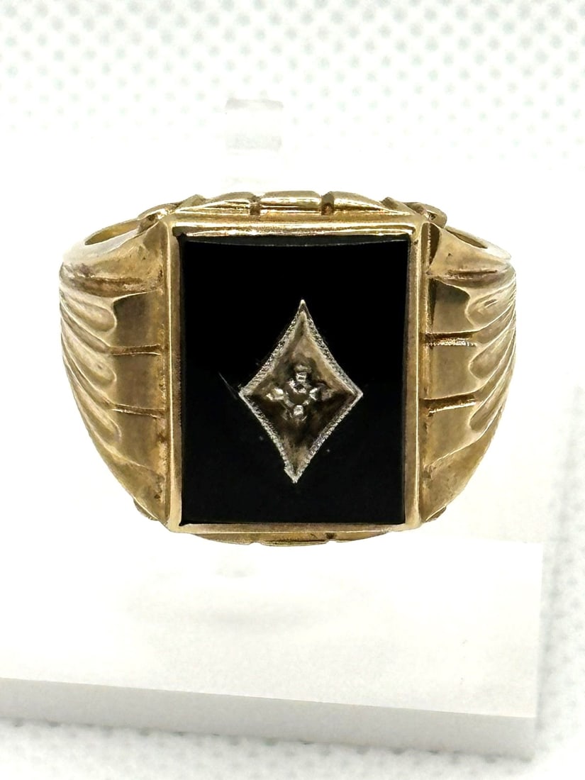10k Yellow Gold Onyx Diamond Men's Dinner Ring (1 of 3)
