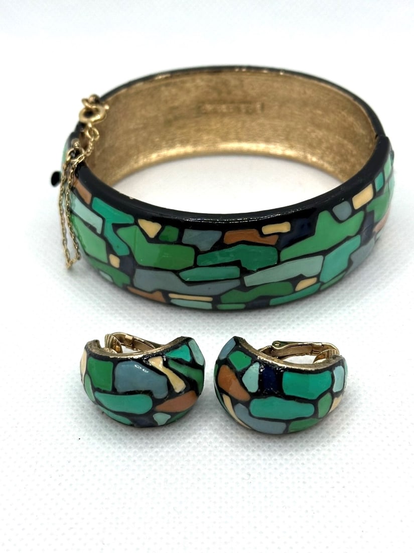 Eisenberg Mosaic Green Bangle Bracelet and Matching Earrings (1 of 5)
