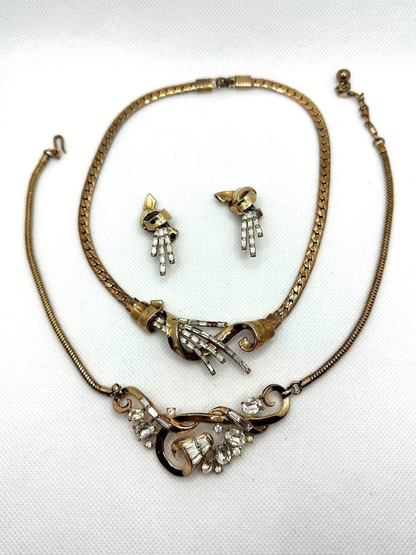 (2) Crown Trifari Necklaces Earrings Gold Tone Pat. Pend. (1 of 6)