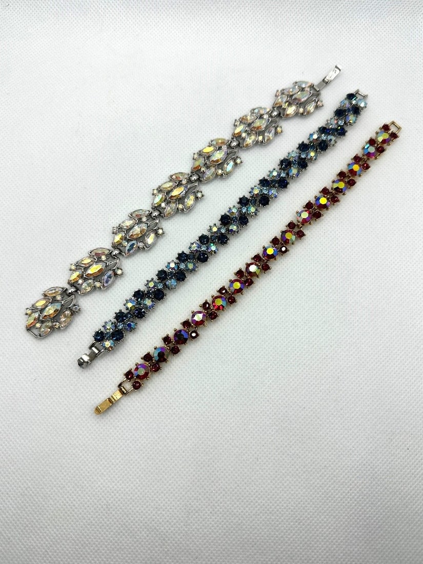 (3) Crown Trifari Aurora Borealis Rhinestone Bracelets (1 of 3)