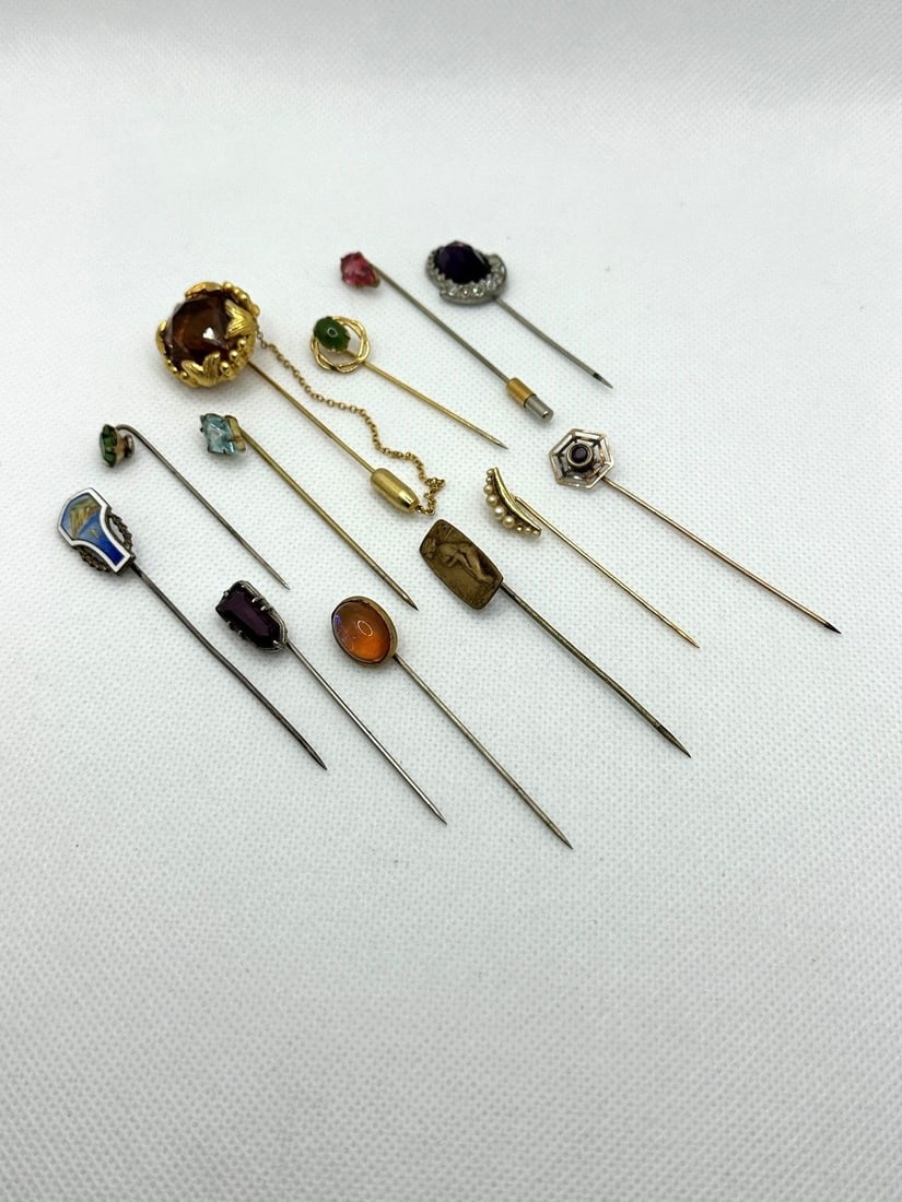 (12) Group of Stick Pins: Enamel, Gold Filled, Others: (12) Group of Stick Pins: Enamel, Gold Filled, Others: Includes enamel, topaz, jade, citrine, amethyst, gold filled, art nouveau.