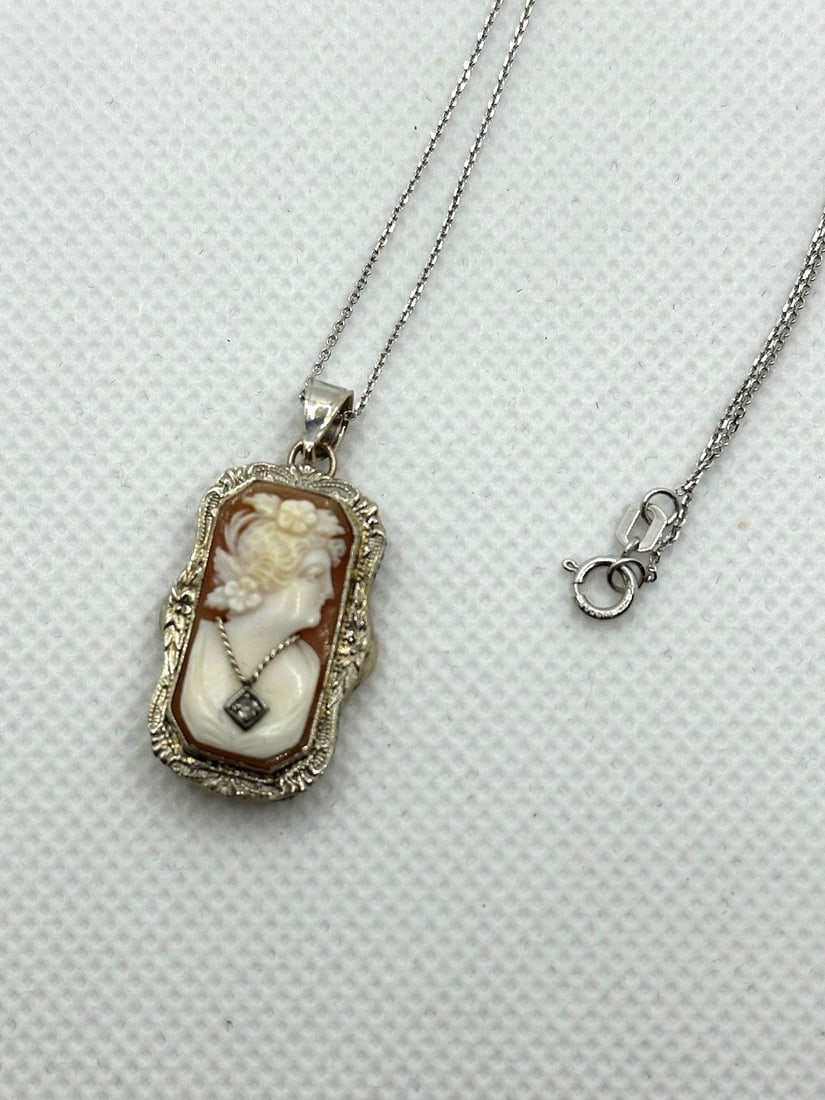 14k White Gold Necklace With 14k Cameo and Diamond Accent Pendant (1 of 4)
