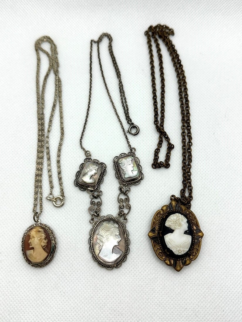 (3) Carved Cameo Necklaces .800 Silver, Mourning Locket (1 of 5)
