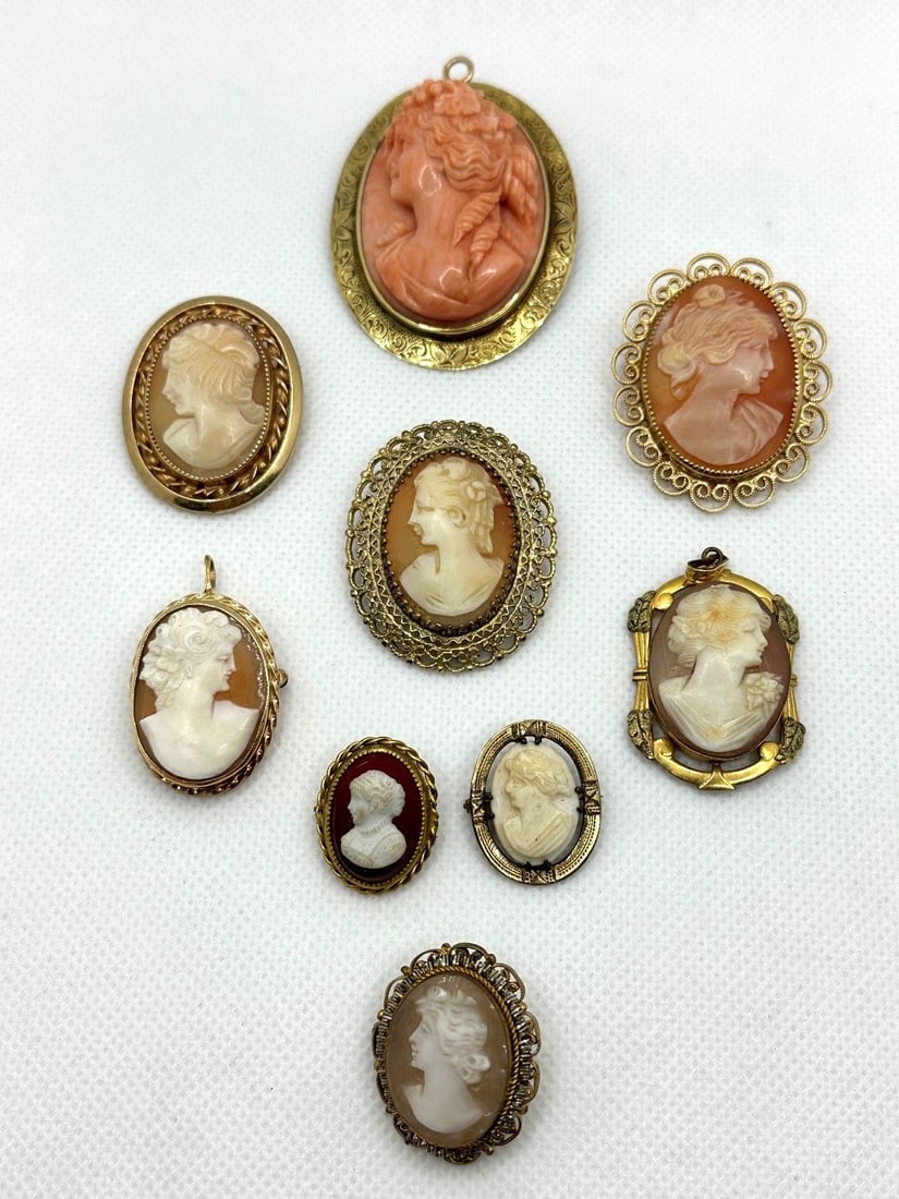 (9) Gold Filled Cameos Pendant/Brooches: (9) Gold Filled Cameos Pendant/Brooches: largest measuring 2".