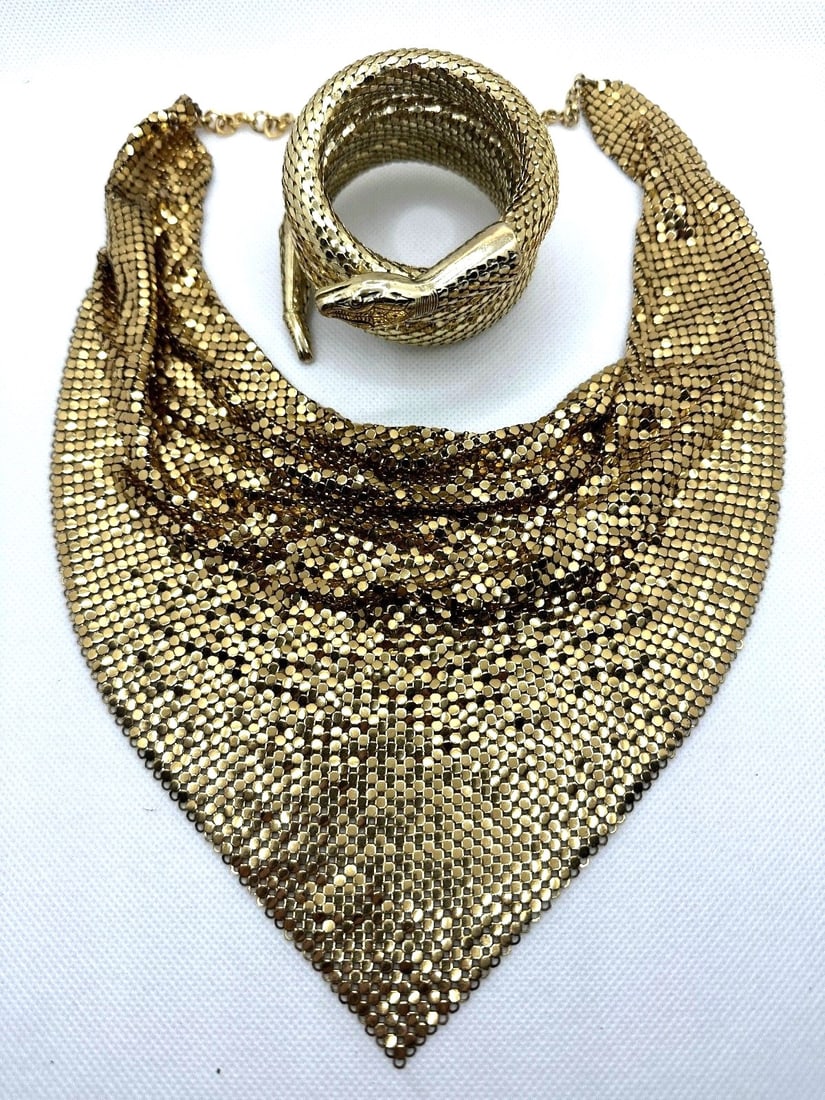 Whiting and Davis Gold Mesh Bib Necklace and Matching Snake Coil Bracelet (1 of 5)