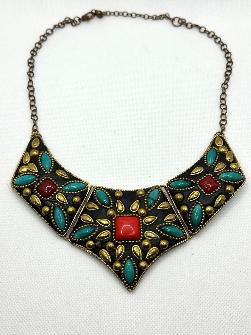 Moroccan Artisan Collar Bib Necklace in Brass: Moroccan Artisan Collar Bib Necklace in Brass: With red and green cabochon stones.