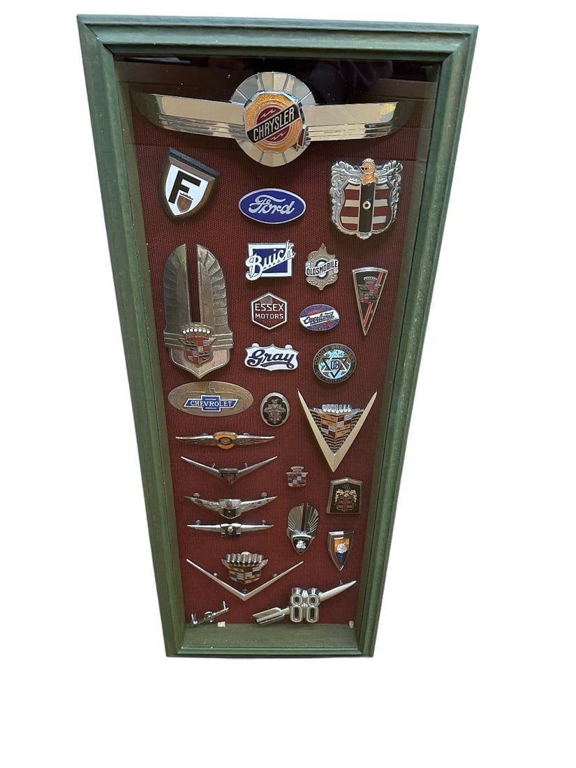 Shadowbox Filled With (26) Hanging Vintage Car Radiator, Hood, Grill Badges (1 of 12)
