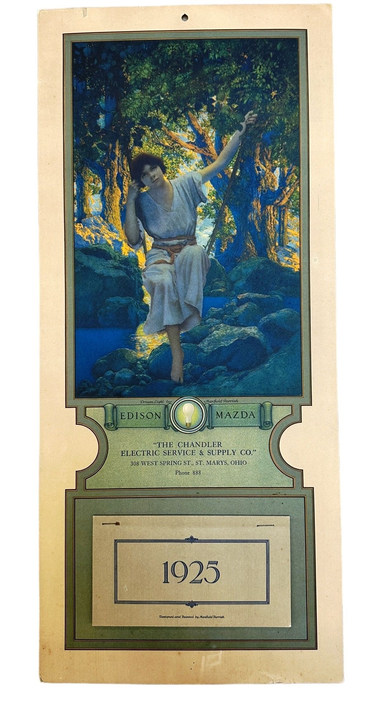 Maxfield Parrish 1925 Edison Mazda Calendar: Maxfield Parrish (American 1870-1966) 1925 Edison Mazda Calendar. "Dream Light" has a full calendar pad and measures 19 x 8.5".