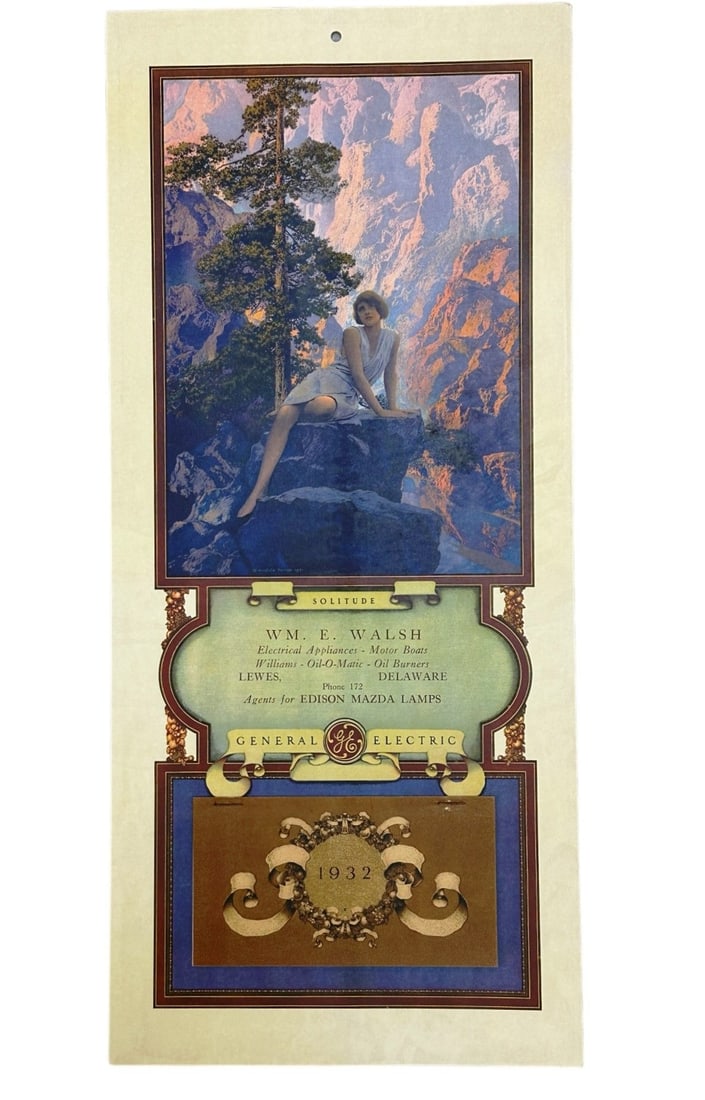 Maxfield Parrish 1932 Edison Mazda Calendar: Maxfield Parrish (1870-1966) 1932 Edison Mazda Calendar. "Solitude" has a full calendar pad and measures 19 x 8.5".