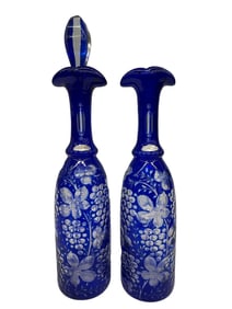 Pair of Cobalt Cut to Clear Bartly's Decanters