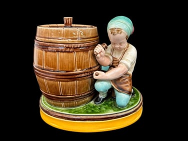 Majolica Sarreguemines Humidor/Holder With Laborer and Barrel