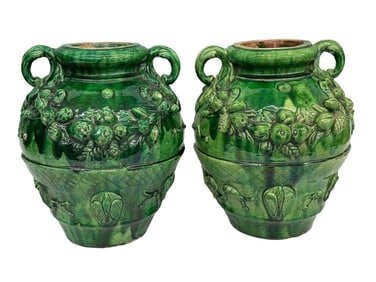 Pair of Early 1900's French Provincial Green Glazed Terracotta Vessels