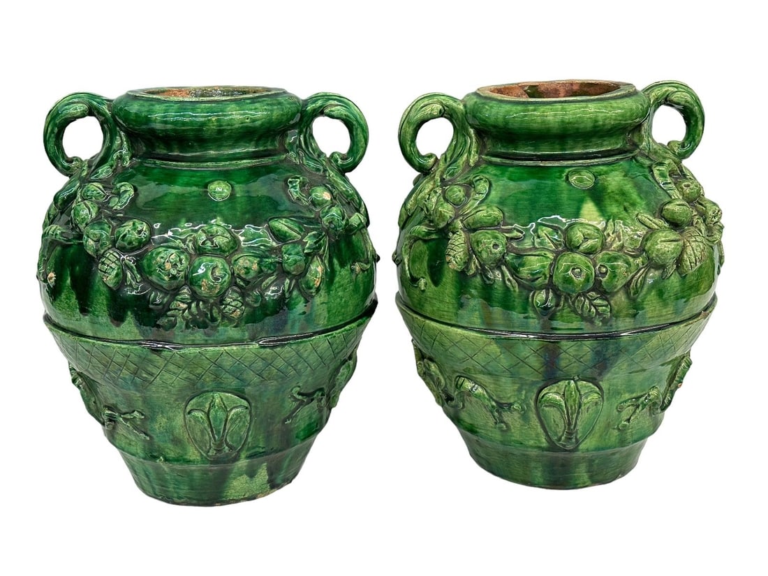 Pair of Early 1900's French Provincial Green Glazed Terracotta Vessels (1 of 13)