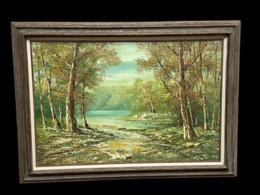 Landscape Oil on Canvas Birch Trees and Water