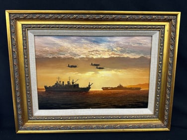 William Phillips (American 1945-) Oil on Board Aircraft Scene "F4U4's on the Sea"