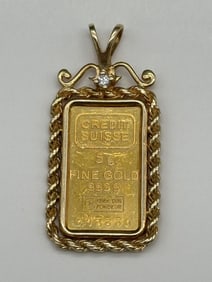 Credit Suisse 5g Fine Gold .999 Pendant in 14k Gold Setting with Diamond Chip