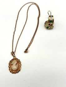 10k Gold Emerald and Diamond Earrings 10k Gold Cameo Necklace