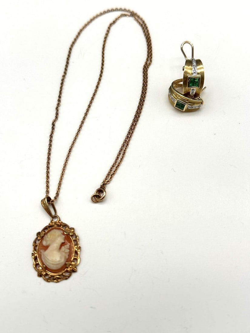 10k Gold Emerald and Diamond Earrings 10k Gold Cameo Necklace (1 of 3)