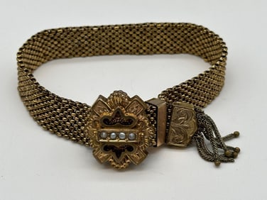 Gold Filled Mourning Wide Bracelet With Seed Pearls