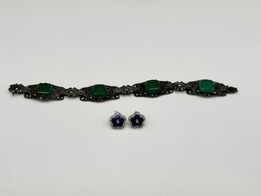 Sterling Silver Bracelet and Enamel Sterling Earrings