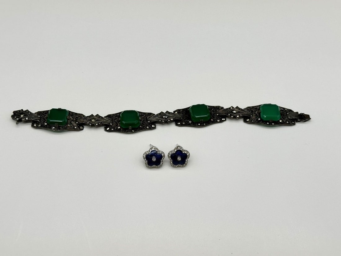 Sterling Silver Bracelet and Enamel Sterling Earrings (1 of 4)