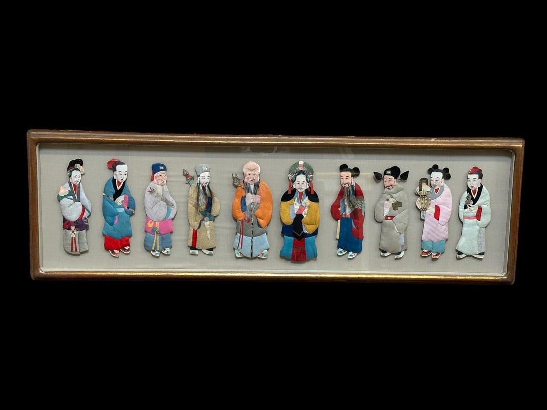 Immortals of Eternity Framed 3 Dimensional Silk Fabric and Paper Figures With Real Hair Shadow Box: Immortals of Eternity Framed 3 Dimensional Silk Fabric and Paper Figures With Real Hair Shadow Box: Measures 51.5 x 16". 10 figures in all.