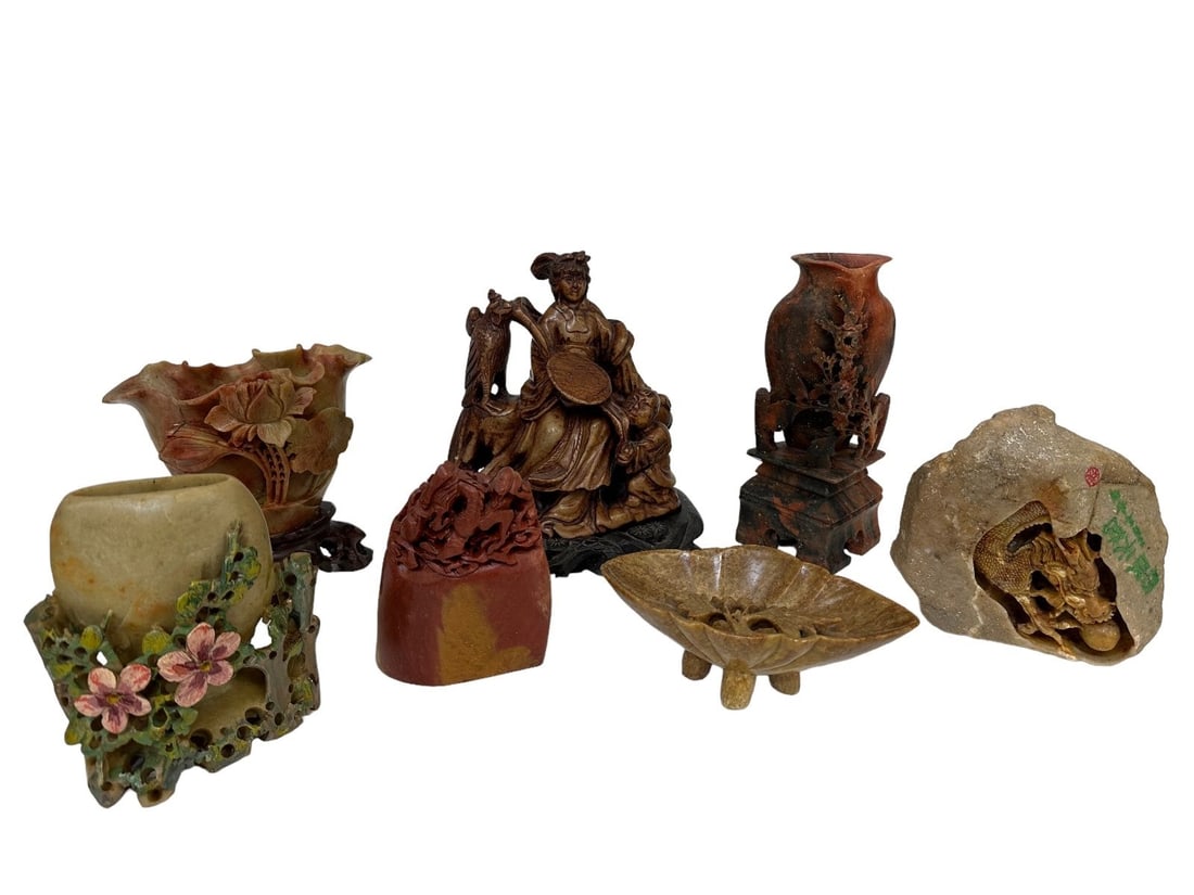 (10) Carved Soapstone Figurines: (10) Carved Soapstone Figurines: Includes 3 ashtrays, tallest figure is 6" tall.
