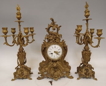 A.D. Mougin French Bronze Dolphin Clock Garniture Set
