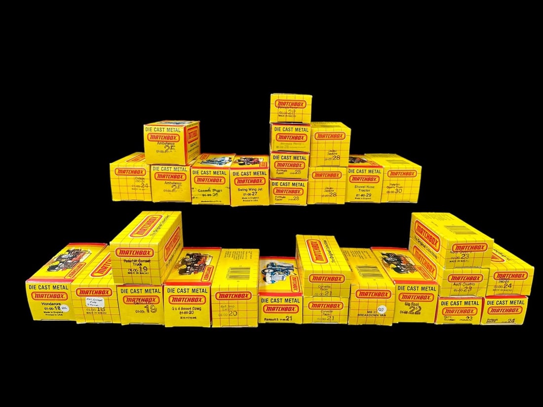 (29) Matchbox Cars 1980's in Original Yellow Grid Boxes: (29) Matchbox Cars 1980's in Original Yellow Grid Boxes: All cars in mint state. Please see pictures to see cars included in this lot.